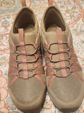 Sketchers Comfort Mesh Slip-On Walking Shoes - Taupe with Rose Accents